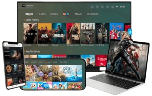 YouCine TV 1 Banner do YouCine TV mod apk mostrando filmes, séries, animes e conteúdo infantil na Android TV, Smart TV, smartphone, tablet e laptop