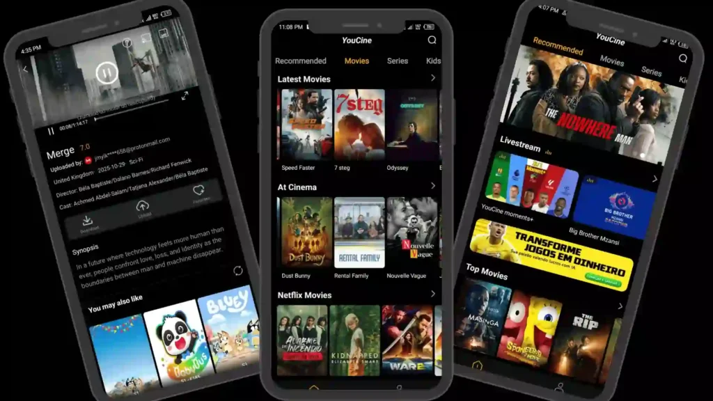 YouCine Mod APK (Premium Desbloqueado) Baixar Última Versão 3 Banner do aplicativo YouCine mod apk exibindo filmes mais recentes, séries e TV ao vivo em três celulares Android